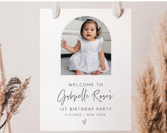 1st Birthday Party Sign, Welcome Sign, First Baby Sign, Modern Arch, One Year Poster, Editable Template, Instant, Templett #0009-315LS