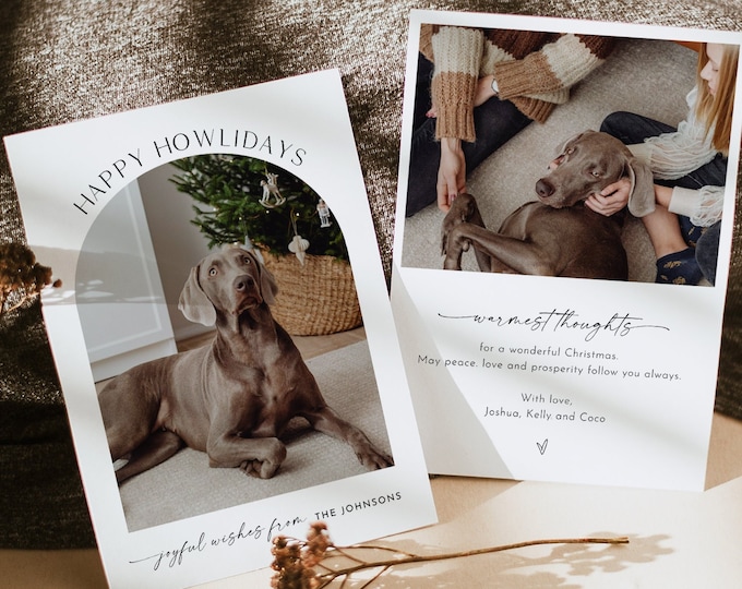 Pet Holiday Card Template, Happy Howliday, Minimalist Christmas Card, Editable, Add Your Own Photo, Instant Download, Templett, 5x7 #156HP