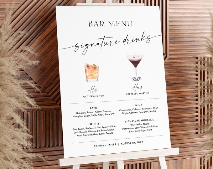 Signature Drinks Bar Sign, Editable Bar Menu, Modern Minimalist, 200+ Cocktails Wine, Beer, His and Her Drinks, Instant, Templett #0034W-11S