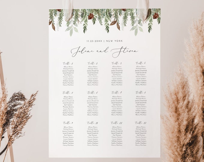 Winter Pine Seating Chart Template, Printable Wedding Seating Sign, Instant Download, 100% Editable Text, Templett, 4 Sizes #0017-294SC