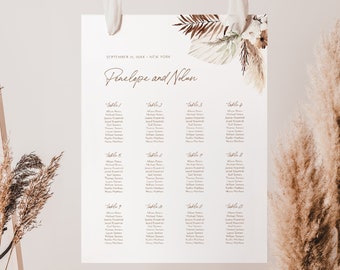 Bohemian Seating Chart Poster, Dried Foliage Wedding Seating Sign, Palm, Pampas, Instant Download, Editable Template, Templett #0028A-289SC