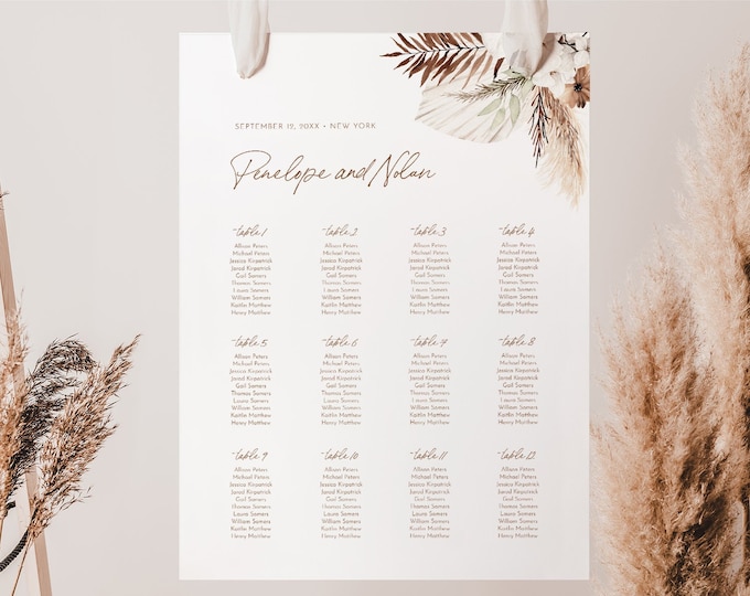 Bohemian Seating Chart Poster, Dried Foliage Wedding Seating Sign, Palm, Pampas, Instant Download, Editable Template, Templett #0028A-289SC