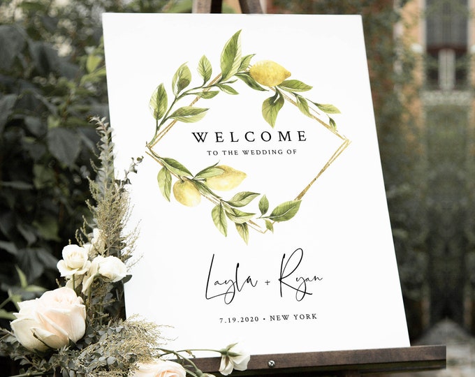 Lemon Welcome Sign Template, Wedding Sign, Citrus Lemon Bridal / Baby Shower Welcome Sign, Editable, Instant Download, Templett #089-181LS