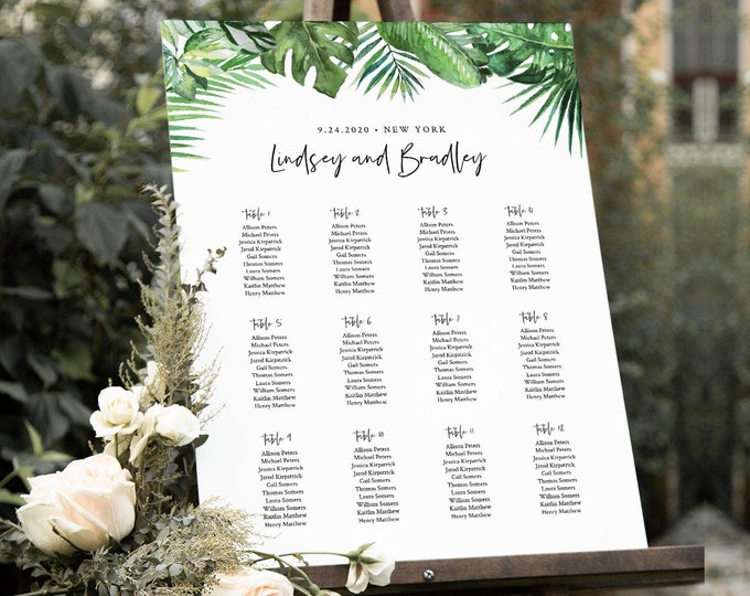 Tropical Seating Chart Template, Wedding Seating Sign, Alphabetical & Table Number Order, 100% Editable Text, INSTANT DOWNLOAD #083-242SC