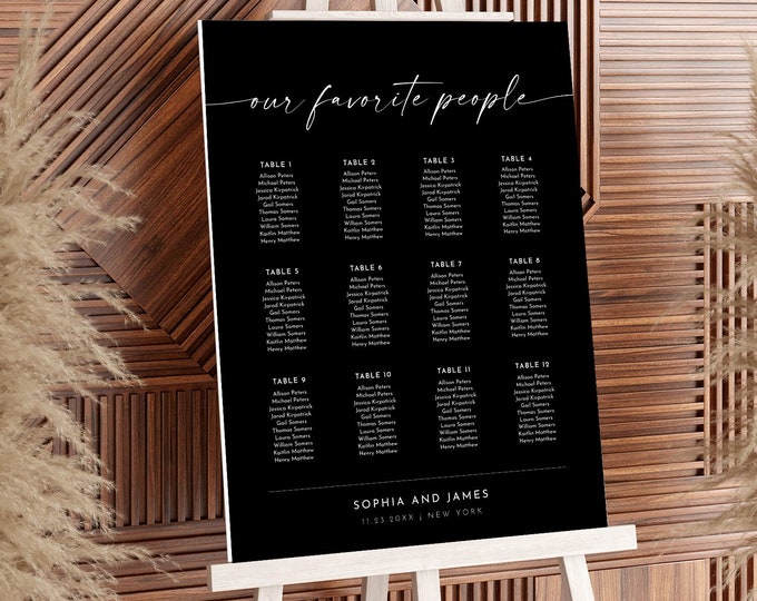 Classic Black Seating Chart Poster, Minimalist Wedding Seating Sign, Instant Download, Editable Template, Templett, US & UK #0034B-296SC