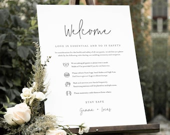 Covid Wedding Welcome Sign, Safety Rules + Guidelines, Minimalist Poster, Mask, Social Distance, Instant Download, Templett #095A-114CVW