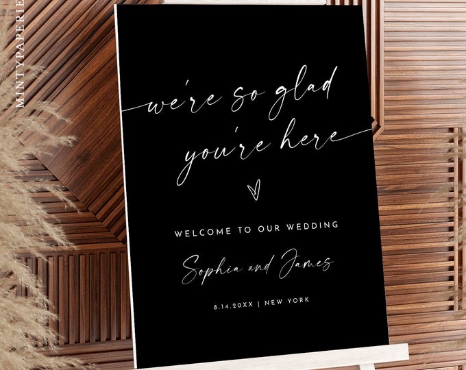 Modern Welcome Sign, We're So Glad You're Here, Classic Black Wedding Bridal Shower Poster, Instant, Editable Template, Templett 0034B-317LS