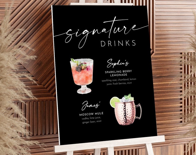 Signature Drinks Sign, Cocktails, Wine, Classic Black, His and Her Signature Bar Menu, Alcohol, Editable, Templett, 8x10, 18x24 #0034B-14S