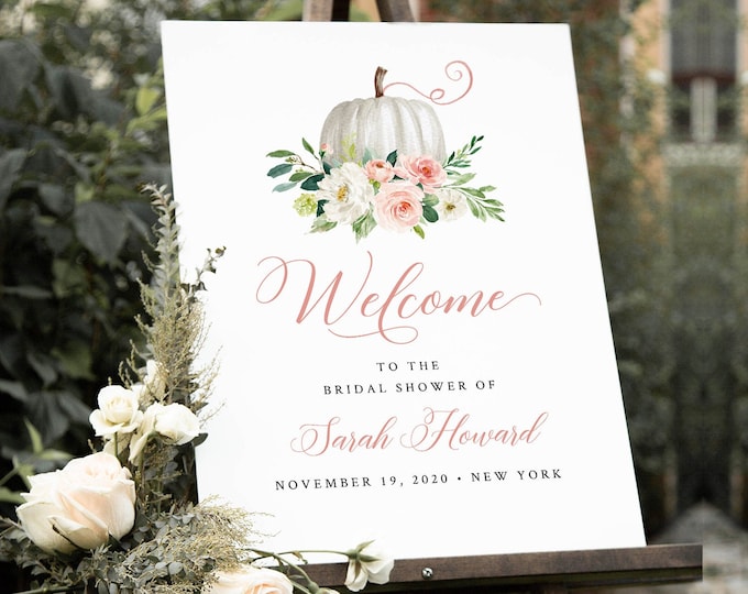 Pumpkin Welcome Sign Template, Fall Wedding or Baby / Bridal Shower Poster, Editable Template, Instant Download, Templett, DIY #072B-180LS