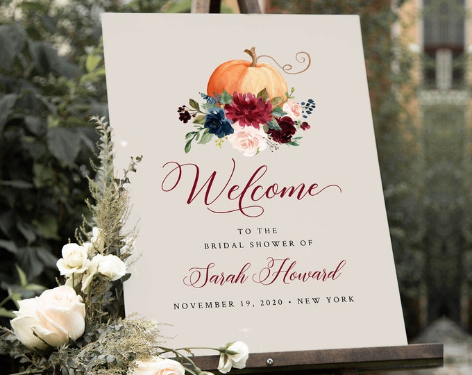 Pumpkin Welcome Sign Template, Fall Wedding or Baby / Bridal Shower Poster, Instant Download, Editable Template, Templett #072A-176LS