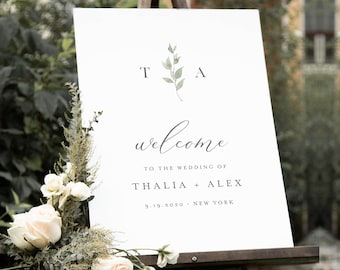 Wedding Welcome Sign Template, Instant Download, Editable Text, Printable Bridal Shower Sign, Minimalist Greenery, Templett #0004B-206LS