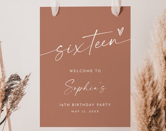 Bohemian Sweet 16 Birthday Party Welcome Sign, Terracotta, Sixteen, 16th, Editable Template, Printable, Instant, Templett #0034T-329LS