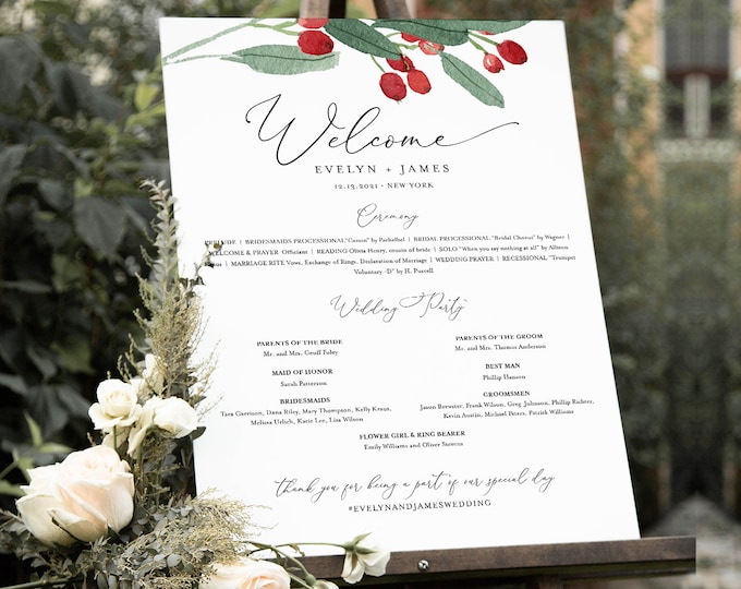 Holly Wedding Program Sign, Printable Winter Christmas Order of Service Poster Editable Template, Instant Download, Templett #071-224LS
