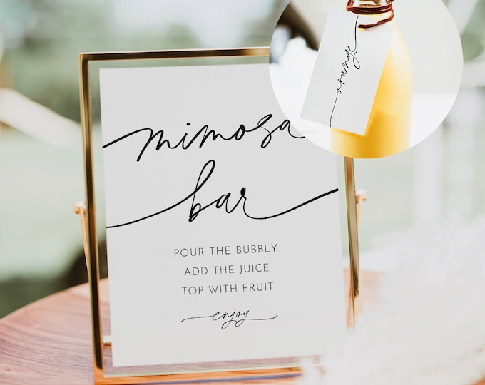 Mimosa Bar Sign, Bridal Shower Mimosa Sign & Tag, Wedding Mimosa Bar, Bubbly Bar, Editable Template, Instant Download, Templett #0032-30S