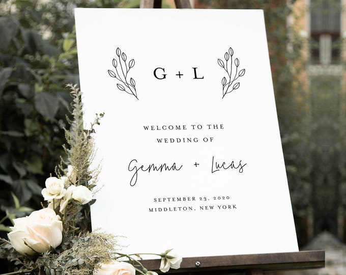 Monogram Welcome Sign, Printable Minimalist Modern Wedding or Bridal Shower Sign, Instant Download, Editable Template, Templett #095B-199LS