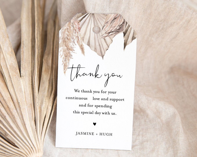 Bohemian Favor Tag for Bridal Shower or Wedding, Dried Foliage, Palm, Pampas, Editable Thank You Tag, Instant Download, Templett #0022-200FT