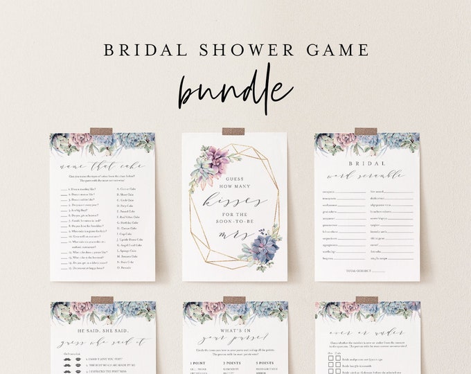 Bridal Shower Game Bundle, 12 Editable Templates, INSTANT DOWNLOAD, Customize Name & Questions, Succulent Bridal Games, Templett #041BGB