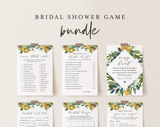 Bridal Shower Game Bundle, 12 Editable Templates, INSTANT DOWNLOAD, Customize Name & Questions, Citrus Orange Bridal Games, Templett #084BGB