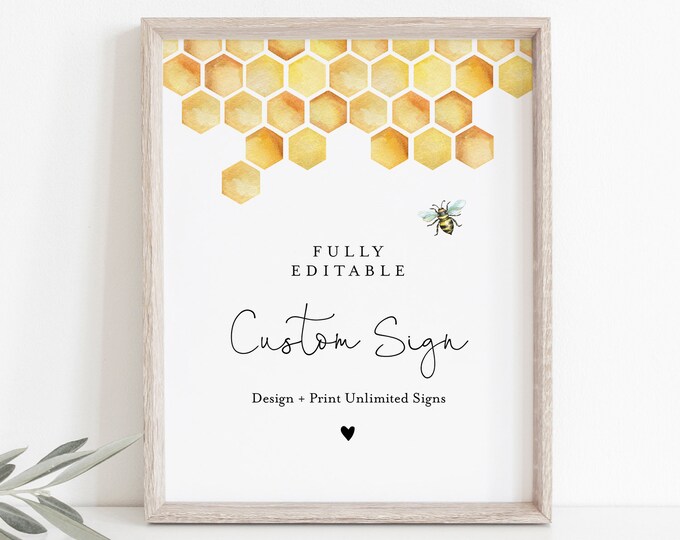 Honeycomb Custom Sign Template, Bumble Bee Wedding, Bridal Shower, Baby Shower, Unlimited Signs, INSTANT DOWNLOAD, Templett #097-184CS