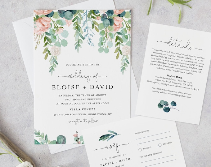 Greenery Wedding Invitation Set Template, Watercolor Lush Garden Invite, RSVP & Details, INSTANT DOWNLOAD, 100% Editable, Templett #068A1