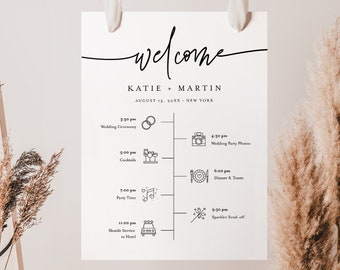 Minimalist Welcome Sign Template, Printable Wedding Day Timeline with Icons, Order of Events, Instant Download, 100% Editable #0009-253LS