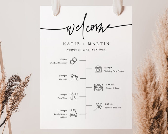 Minimalist Welcome Sign Template, Printable Wedding Day Timeline with Icons, Order of Events, Instant Download, 100% Editable #0009-253LS