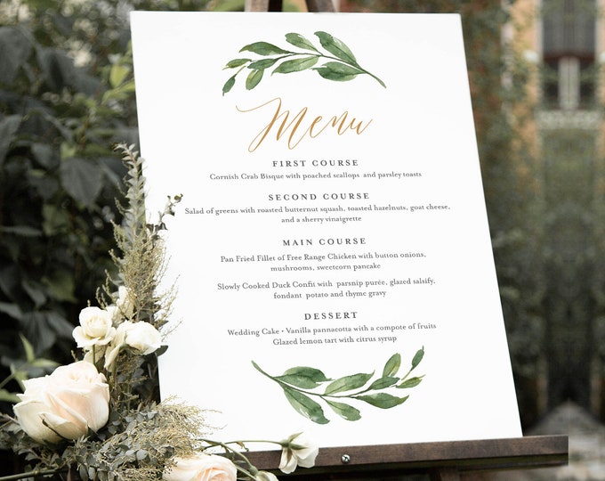 Wedding Menu Sign Template, Greenery and Gold Wedding Menu Poster, Printable Menu, INSTANT DOWNLOAD, Editable Text, 18x24, 24x36 #067-132WMS