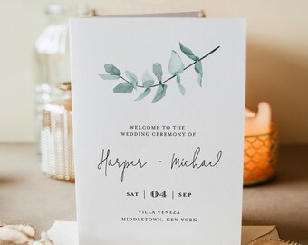 Folded Wedding Program Template, INSTANT DOWNLOAD, Order of Service, 100% Editable Text, Eucalyptus Greenery, Boho Wedding, DIY  #049-122WP
