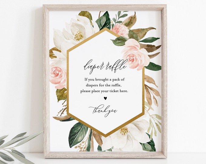 Magnolia Diaper Raffle Printable, Printable Baby Shower Diaper Raffle Ticket and Sign, Editable Template, INSTANT DOWNLOAD #015-216BASG