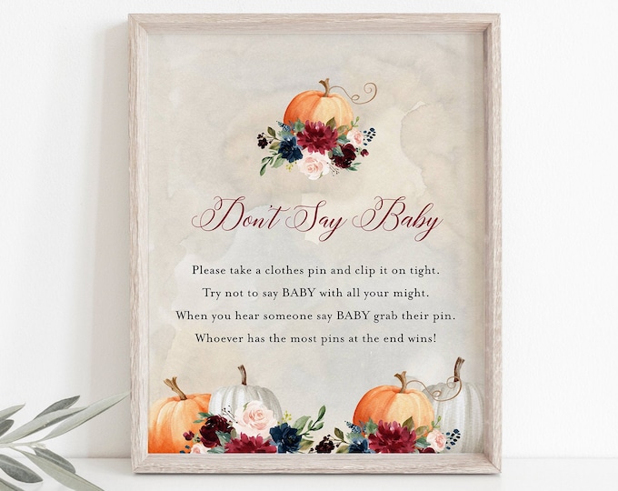 Don't Say Baby Clothespin Game, Fall Pumpkin Baby Shower Sign, Editable Template, Printable, Instant Download, Templett  #072A-212BASG