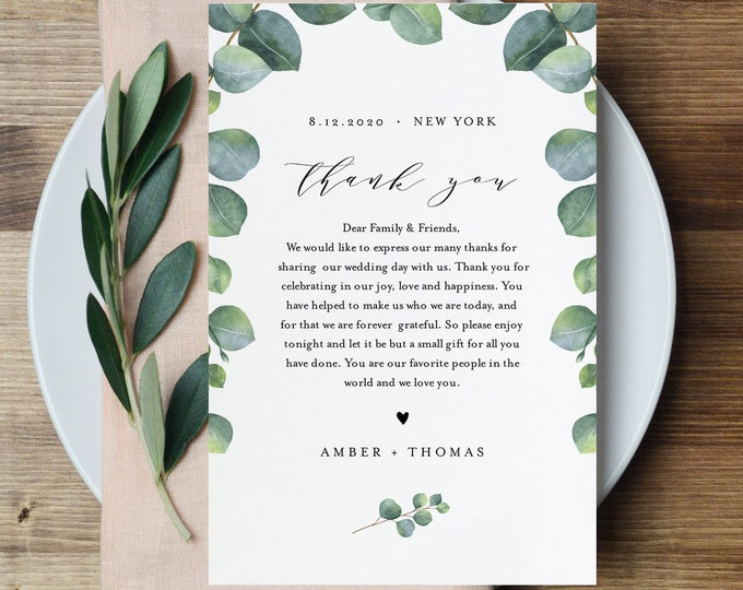 Eucalyptus Thank You Letter, Napkin Note, Printable Wedding Menu Thank You, Editable Template, INSTANT DOWNLOAD, Templett, 4x6 #036-119TYN