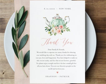 Tea Party Thank You Letter, Napkin Note, Printable Wedding Menu Thank You, Editable Template, INSTANT DOWNLOAD, Templett, 4x6 #085-118TYN