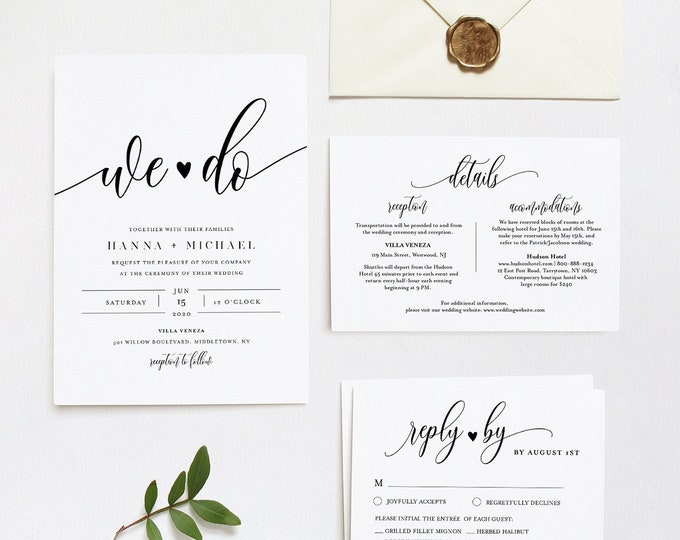 We Do Wedding Invitation Suite, Modern Calligraphy, Minimalist, Editable Template, INSTANT DOWNLOAD, Invite, RSVP, Details, Templett #008A