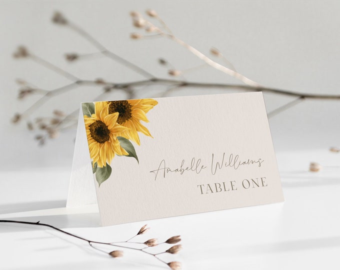 Sunflower Place Card Template, Printable Summer or Fall Wedding Escort Card & Meal Option, Instant Download, Editable, Templett #047-205PC