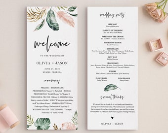 Tropical Wedding Program Template, Printable Order of Service, Lush Greenery, Instant Download, 100% Editable Text, DIY, Templett #087-227WP