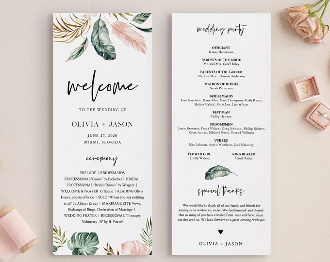 Tropical Wedding Program Template, Printable Order of Service, Lush Greenery, Instant Download, 100% Editable Text, DIY, Templett #087-227WP