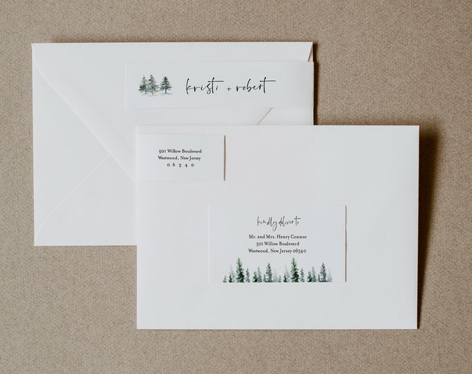Pine Tree Address Label, Winter Wedding Envelope Sticker, Rustic Return Address Template, INSTANT DOWNLOAD, Editable, Templett #073-102ENL