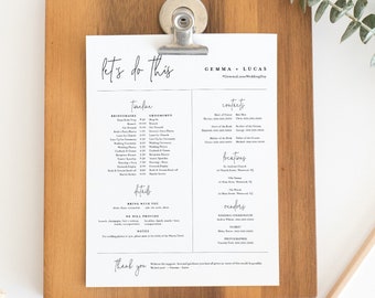 Bridal Party Itinerary, Minimalist Wedding Timeline, Order of Events, Details for Bridesmaid & Groomsmen, Editable, Templett #095-104BPT