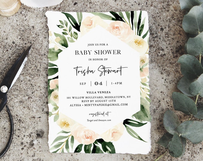 Peach Baby Shower Invitation Template, Blush Floral and Greenery, Printable Garden Baby Shower Invite, Instant Download, Templett #076-104BA