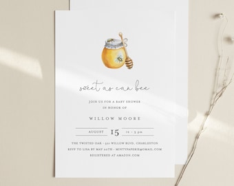 Bee Baby Shower Invitation Template, Sweet as Can Bee, Honey Baby Shower, INSTANT DOWNLOAD, 100% Editable Text, DIY, Templett #097-150BA