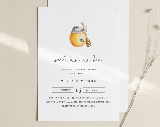 Bee Baby Shower Invitation Template, Sweet as Can Bee, Honey Baby Shower, INSTANT DOWNLOAD, 100% Editable Text, DIY, Templett #097-150BA