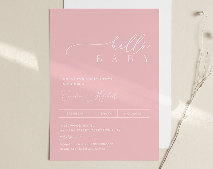 Girl Baby Shower Invitation, Pink Minimalist Baby Shower Invite, Hello Baby, Editable Template, Instant Download, Templett #029-231BA