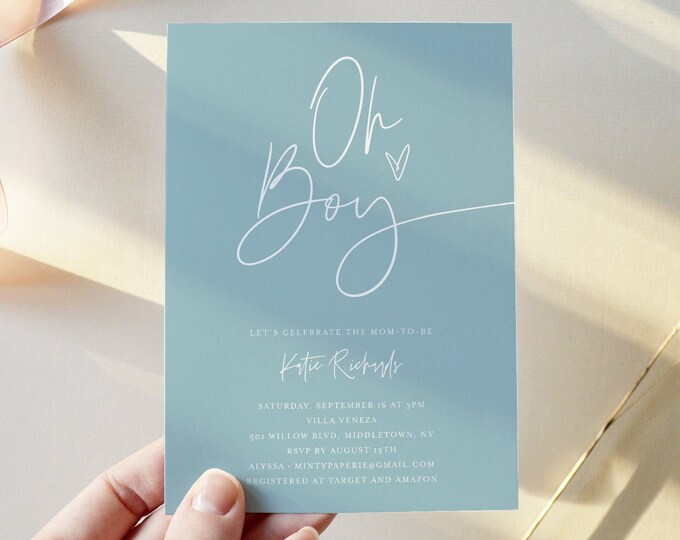 Boy Baby Shower Invitation, Oh Boy, Minimalist Blue Baby Shower Invite, Editable Template, Instant Download, Templett, 5x7 #0009D-223BA