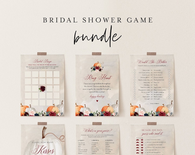 Bridal Shower Game Bundle, 12 Editable Templates, INSTANT DOWNLOAD, Customize Name & Questions, Fall Pumpkin Bridal Games, Templett #072BGB