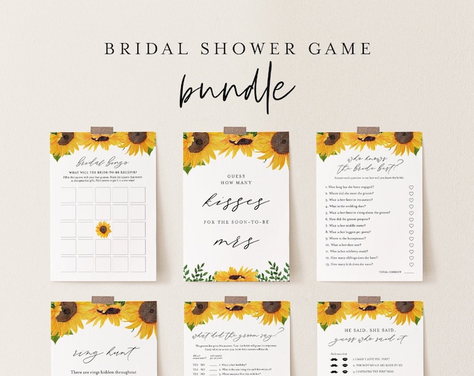 Bridal Shower Game Bundle, 12 Editable Templates, INSTANT DOWNLOAD, Customize Name & Questions, Sunflower Bridal Games, Templett #0010BGB