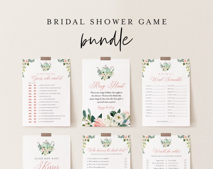 Bridal Shower Game Bundle, 12 Editable Templates, INSTANT DOWNLOAD, Customize Name & Questions, Tea Party Bridal Games, Templett #085BGB