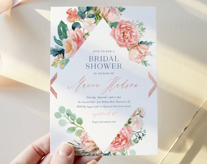 Bridal Shower Invitation Template, Printable Rose Gold, Navy, Blush Boho Floral Wedding Shower Invite, Editable, INSTANT DOWNLOAD #069-191BS