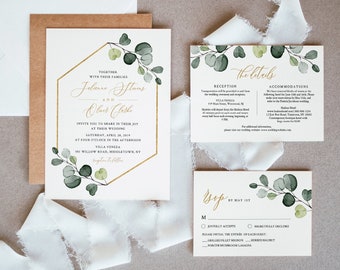 Greenery & Gold Wedding Invitation Template, Printable Invite, RSVP and Details, Instant Download, 100% Editable Text, Templett #007A
