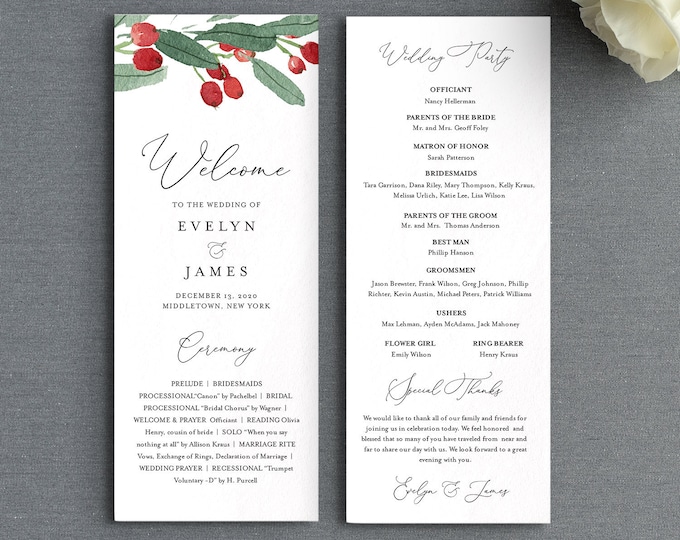 Wedding Program Template, Printable Winter Order of Service, Editable Flat Program, Holly Wedding, Instant Download, Templett #071-226WP