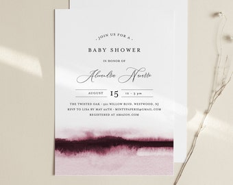 Baby Shower Invitation Template, Printable Baby Shower Invite, Burgundy Watercolor, Editable, DIY, Templett, INSTANT DOWNLOAD #093B-145BA